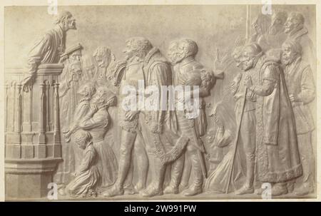 Relief mit Szene aus dem Achtzigjährigen Krieg, Willem Frederik Vinkenbos, ca. 1879 - ca. 1890 Fotografie der Haager Zeitung. Unterstützung für Fotos. Pappalbumenabdruck von Skulptur, Reproduktion eines Skulpturenstücks Stockfoto