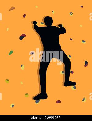 Vektor-isolierte Illustration eines Mannes auf einer Kletterwand. Silhouette einer Person auf einer Kletterwand. Training für Kletterer. Bouldern. Stock Vektor