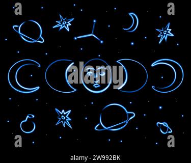 Vektor-isolierte Astrologie-Set mit Neon-Effekt. Stock Vektor