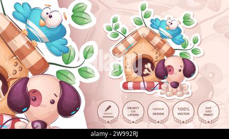 Hund und Vogel - niedlicher Aufkleber Stock Vektor