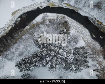 Die Natur Estlands, die Winterlandschaft von einer Drohne. Der Fluss Pirita fließt durch den Wald, schneebedeckte Fichten. Hochwertige Fotos Stockfoto