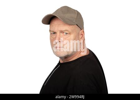 Selbstbewusster Kaukasier mittleren Alters in Baseball Cap - Studio Portrait on White Background6 Stockfoto