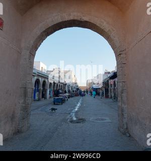 Hauptmedina Straße mit Dachrinne im Zentrum, während eine Katze in Essaouira, Marokko, vorbeiläuft. Dezember 2023 Stockfoto