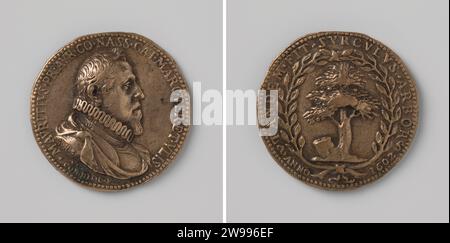 Aufnahme des Grabes zu Ehren von Prinz Maurits, Coenraad Block, 1602 Geschichte Medaille Bronze Medaille. Vorne: Bruststück Mann (maurits) innen wechseln. Umgekehrt: Erwachsener Baum aus gehacktem Stamm im Wechsel geschossen. Flanders Bronze (Metall) Gussgrab Stockfoto