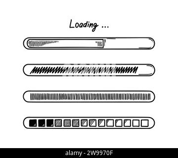 Set mit Kritzelladestangen. Abbildung des Fortschrittsvektors für den Skizzendownload, Statusanzeige für den Upload. Design-Element der Benutzeroberfläche des Computers. Stock Vektor