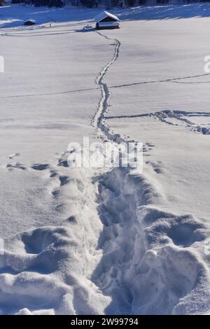 Spuren im Schnee in einer tief verschneiten Winterlandschaft im Werdenfelser Land bei Garmisch, die zu einer Almhütte in Bayern, Deutschland, Europa führen Stockfoto