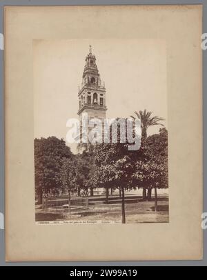 Blick auf den Glockenturm der Mezquita in Córdoba, mit Orangenbäumen im Vordergrund, ca. 1875 - ca. 1900 Foto Córdoba Pappe. Fotostütze Albumendruck Turm, Uhrturm  monumentale Verzierung. Kirchenglocke. Früchte: Orange Córdoba Stockfoto