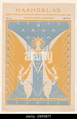 Cover von: Monatszeitschrift von Vereeniging zur Verbesserung der Damenkleidung, Nr. 6, Mai 1903, Reinier Willem Petrus de Vries (1874–1953), 1903 Print Standing Woman in einem verzierten Kleid mit gefalteten Händen vor ihrem Körper. Neben ihr knien zwei Frauen mit Palmenzweigen. Papierkleid, Kleid. Ornamente  Kunst Stockfoto