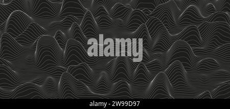 Abstrakter Hintergrund mit verzerrten Linienformen auf schwarzem Hintergrund. Monochrome Schalllinienkurven. Stock Vektor