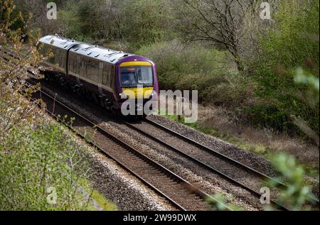 Der Zug der East Midlands Railway in einem Wald in der Nähe von Lincoln, Lincolnshire, Vereinigtes Königreich Stockfoto