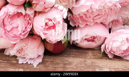 Eine Nahaufnahme mit rosa chinesischen Pfingstrosen auf einem Holztisch. Stockfoto