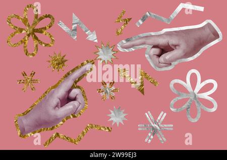 Zwei Hände Strecken ihre Zeigefinger zueinander auf einem rosafarbenen Hintergrund, Collage im Pop-Art-Stil Stockfoto