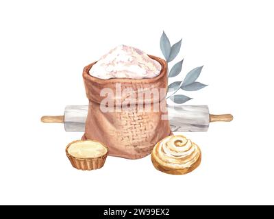 Sackleinen-Beutel mit Weizenmehl, Holzlöffel und Brötchen, Torte und Rosinenmuffin. Sack und Marmor-Rollstift. Aquarell handgezeichnete Illustration, isoliert Stockfoto