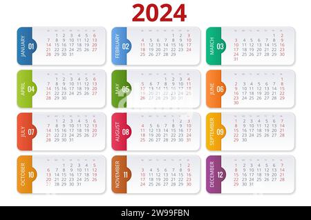 Kalender-Planer für 2024. Kalendervorlage für 2024. Firmenkalender und Geschäftskalender. Druckvorlage Für Schreibwarendesign. Die Woche beginnt am Sonntag. Stock Vektor