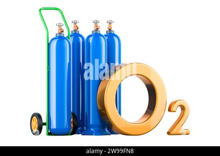 Gasflaschen mit Sauerstoff O2, blaue Gasflasche mit Handwagen. Gas Delivery Service, Konzept. 3D-Rendering isoliert auf weißem Hintergrund Stockfoto