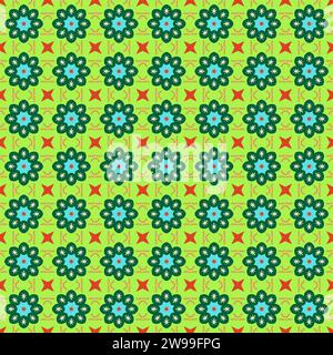 Ein lebendiger abstrakter Hintergrund mit einer Vielzahl von gelben, roten und grünen Sternen, die in einem grafischen Muster angeordnet sind Stockfoto