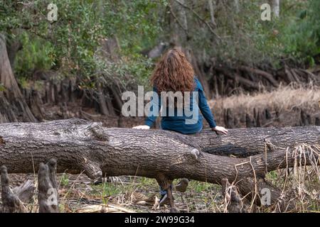 Eine junge Frau sitzt auf einem großen Baumstamm auf einer üppigen Wiese Stockfoto