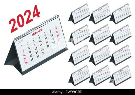 Kalender-Planer für 2024. Isometrische Kalendervorlage für 2024. Druckvorlage Für Schreibwarendesign. Firmenkalender und Geschäftskalender. Stock Vektor