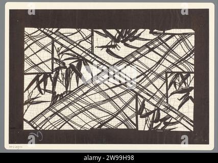 Vorlage mit Bambusblättern und -Linien, anonym, 1800 - 1909 Japanische Vorlage (Katagami) mit einem Muster aus Bambusblättern und diagonal kreuzenden Linien. Japan-Papier. Seide schneidet Laub, Ranken, Äste  Ornament. Pflanzen und Kräuter: Bambus Stockfoto