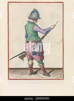 Soldat, der Kruit und Bullet im Laufe seines Ruders drückt, Jacques de Gheyn (II) (Werkstatt oder), nach Jacques de Gheyn (II), ca. 1597 - 1607 drucken Einen Soldaten, rechts, rechts, der ein Ruder (eine bestimmte Art von Schusswaffe) mit der linken Hand am linken Oberschenkel hält und mit der rechten Hand die Brust der Last bringt, um Herterie und Kugel anzuschieben. Dieser Druck ist Teil der Serie von 42 handnummerierten Drucken von Roerschutters in der Arms Handling. Das Haager Papier graviert den Umgang mit Waffen  militärische Ausbildung. Schusswaffen: Gewehr Stockfoto