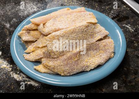 Eine Platte mit Fischfilet, verkrustet mit einer Mischung aus Weizen und Maismehl, bereit zum Braten in der Pfanne. Hausmannskonzept. Stockfoto