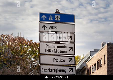 Bild eines deutschen Straßenschildes mit verschiedenen Wegbeschreibungen, insbesondere dem Weg zur deutschen Autobahn von Cologneund den lokalen Wahrzeichen. Stockfoto