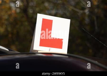 L-Schild auf dem Autodach im Freien. Fahrschule Stockfoto