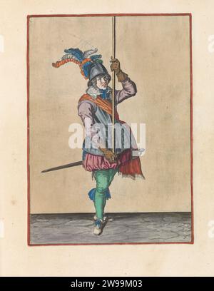 Soldat, der seine Spieße aufrecht vor ihm hoch über dem Boden hält, Jacques de Gheyn (II) (Werkstatt oder), nachdem Jacques de Gheyn (II), ca. 1597–1607 Einen Soldaten drucken, hinten, der einen Spieß (Lanze) mit beiden Händen aufrecht vor sich selbst hoch über dem Boden hält. Dies ist die zweite Maßnahme zum Entfernen des Spießes in aufrechter Position. Dieser Druck ist Teil der Serie von 32 handnummerierten Abdrücken von Spießen in der Armhandhabung. Das Haager Papier graviert den Umgang mit Waffen  militärische Ausbildung. Helved-Waffen, Polearms (zum Schlagen, Hacken, Schieben): lance Stockfoto