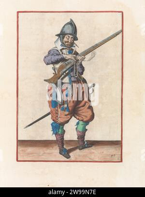 Soldat auf der Wache, der seinen Docht auf den Hahn seines Helms drückt, Jacques de Gheyn (II) (Werkstatt oder), nachdem Jacques de Gheyn (II), ca. 1597 - 1607 Einen Soldaten auf der Wache drucken, vorne rechts, der mit der linken Hand ein Ruder (eine bestimmte Art von Schusswaffe) hält. Mit der rechten Hand drückt er einen brennenden Docht auf den Hahn (Teil des Entzündungsmechanismus) seines Ruders. Es handelt sich also um die gleiche Position wie die, die auf dem siebten Druck der Serie zu sehen ist. Dieser Druck ist Teil der Serie von 42 handnummerierten Drucken von Roerschutters in der Arms Handling. Die Nummer wird gedruckt Stockfoto