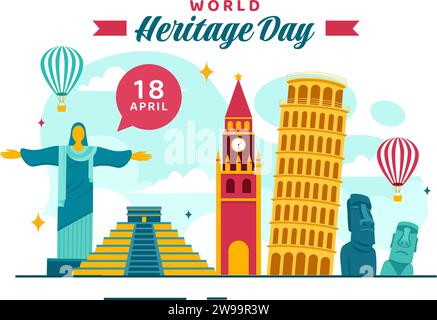 Weltkulturerbestag Vektor-Illustration am 18. April für Gedenkdenkmäler und Stätten aus verschiedenen Ländern in flachem Hintergrund Stock Vektor