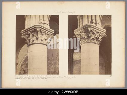 Übersicht über zwei Kapitelle in Notre-Dame in Paris, um 1875 - um 1900 Foto links eine Hauptstadt mit stilisiertem Akanthusblattmotiv, rechts eine Hauptstadt mit Akanthusblattmotiv. Pappe der Muttergottes. Fotografische Unterstützung Albumendruck in Großbuchstaben ( Säule, Säule). Innenraum der Kirche. akanthus  Ornament unserer Lieben Frau Stockfoto