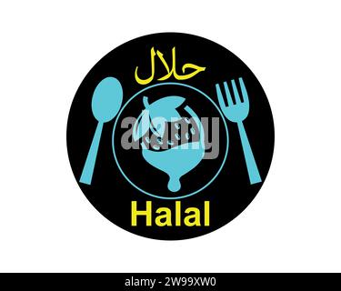 Restaurant-Ikone, Halal-Food-Logo mit Löffel und Teller. Stock Vektor