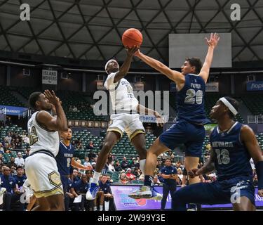 Dezember 2023: Georgia Tech Guard Kowacie Reeves Jr. (14) geht um Nevada Guard Daniel Foster (20) und schießt den Ball während des Hawaiian Airlines Diamond Head Classic Championship Basketballspiels zwischen den Georgia Tech Yellow Jackets und dem Nevada Wolf Pack in der Sofi Arena im Stan Sheriff Center in Honolulu, Hawaii. Glenn Yoza/CSM Stockfoto