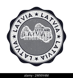 Lettland Siegel. Country Round-Logo mit Form von Lettland und Ländername in mehrsprachigen Word Cloud. Erstaunliches Emblem. Stock Vektor