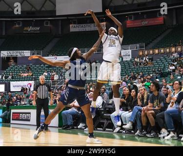 24. Dezember 2023: Georgia Tech Guard Kowacie Reeves Jr. (14) schießt den Ball über Nevada Forward Tre Coleman (4) während des Hawaiian Airlines Diamond Head Classic Championship Basketballspiels zwischen den Georgia Tech Yellow Jackets und Nevada Wolf Pack in der Sofi Arena im Stan Sheriff Center in Honolulu, Hawaii. Glenn Yoza/CSM Stockfoto