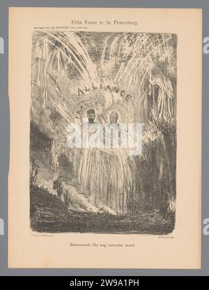 Felix Faure te St. Petersburg, Marius Bauer, 1897 gedruckter Cartoon über die Allianz zwischen Frankreich und Russland. Das Feuerwerk in den Luftporträts des französischen Präsidenten Félix Faure und des russischen Zaren Nicolaas II Amsterdam Papier politische Karikaturen und Satiren. Lagerfeuer, Feuerwerk Frankreich. Russland Stockfoto