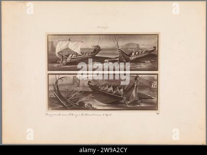 Zwei Fotoproduktionen von Fresken mit Kriegsschiffen aus Pompeji, ca. 1875 - ca. 1900 Fotografie EuropeAfter Gemälde von Pompeji Pappe. Fotografische Trägeralbumendruckmalerei (einschließlich Buchbeleuchtung, Miniaturmalerei) (+ Gips  Kunst). Segelschiff, Segelboot. Krieg Pompeji Stockfoto