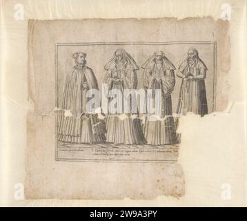 Vier Nonnen vom Orden der Heiligen Catharina, Abraham de Bruyn, 1581–1596, rekonstruiert aus zwei Fragmenten. Kölner Papier Gravur Kleidung, Kostüm (+ Herrenkleidung). Kleidung, Kostüm (+ Damenkleidung) Stockfoto