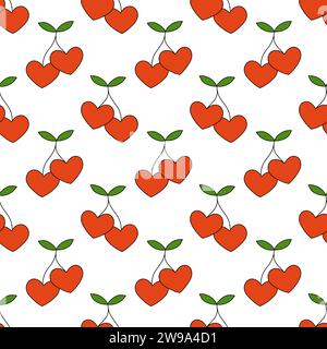 Nahtloses Muster mit Kirschen in Form von Herzen und Blättern. Hintergrund zum Valentinstag. Illustration der Vektorabwicklung. Stock Vektor