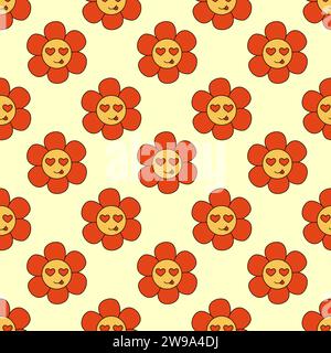 Retro Seamless Pattern 70er 60er 80er Hippie Groovy niedliche Blume zeigt Zunge. Augen Herzen. Lächelndes Gesicht. Hintergrund zum Valentinstag. Blumenkraft. Stock Vektor