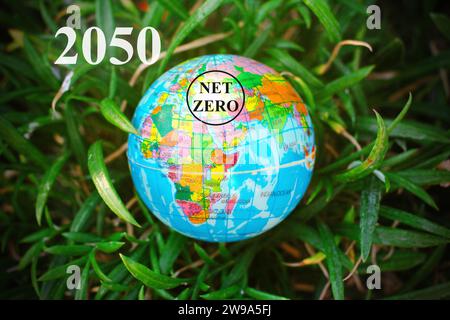 NET Zero 2050 Emissions Symbol Konzept in Hand für die Umweltpolitik Animation Konzept Illustration mit einem Globus in Grün , Technologie für erneuerbare Energien Stockfoto