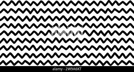 Doodle nahtloses Zick-Zack-Muster. Abstraktes schwarzes, horizontales, handgezeichnetes Zickzackmuster. Sich wiederholende geometrische Streifen. Gewellte Materialstruktur Stock Vektor