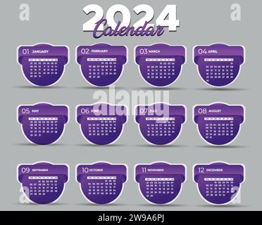 Kalender 2024 Moderne Layout Vektor-Illustration. Die Woche beginnt am Montag. Kalendersatz für 2024. Stock Vektor