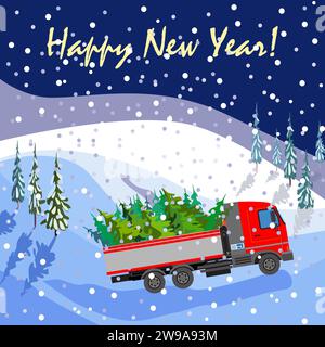 Glückwunschkarte mit einem LKW mit Weihnachtsbäumen. Winter Hintergrund mit Wald und Schnee. Vektorabbildung Stockfoto