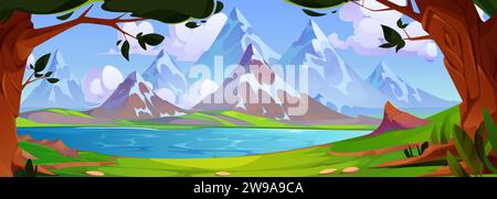 Cartoon Sommerlandschaft mit See im Wald am Fuße der Berge an sonnigen Tagen. Vektorlandschaft mit blauem Wasser im Teich mit grünem Gras und Bäumen am Ufer, hohen Gipfeln von Hügeln und Himmel mit Wolken. Stock Vektor