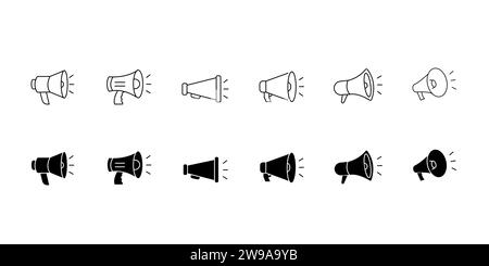 Megaphon-Symbol für Lautsprecher. Megaphon-Symbolgruppe. Elektrisches Megaphon mit Ton- oder Marketingwerbung. Megaphon-Symbol, Lautsprecher-Symbol Stock Vektor