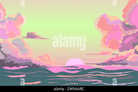 Wunderschöne bewölkte Landschaft bei Sonnenuntergang. Flauschige Cumulus Wolken fliegen über das Meer. Cartoon Morgenhimmel mit rosa und blauen Wolken. Stock Vektor
