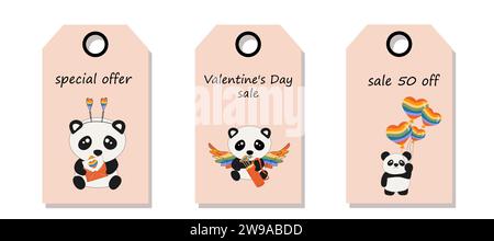 Vektorset mit Rabattpreismarken. Etiketten mit niedlichen kleinen sitzenden Pandas halten Regenbogenherzen. Valentinstag-Angebot. Stock Vektor