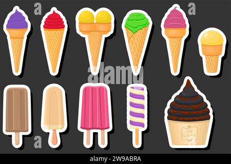 Illustration zum Thema Big Kit Eis Eis Eis Eis Eis verschiedene Arten in Kegel Waffelbecher, Eis bestehend aus leckeren Eis auf Kegel Waffelbecher, Popsic Stock Vektor