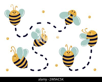 Ein Set von Sommerbienen in Bewegung mit Honigtröpfchen Stock Vektor